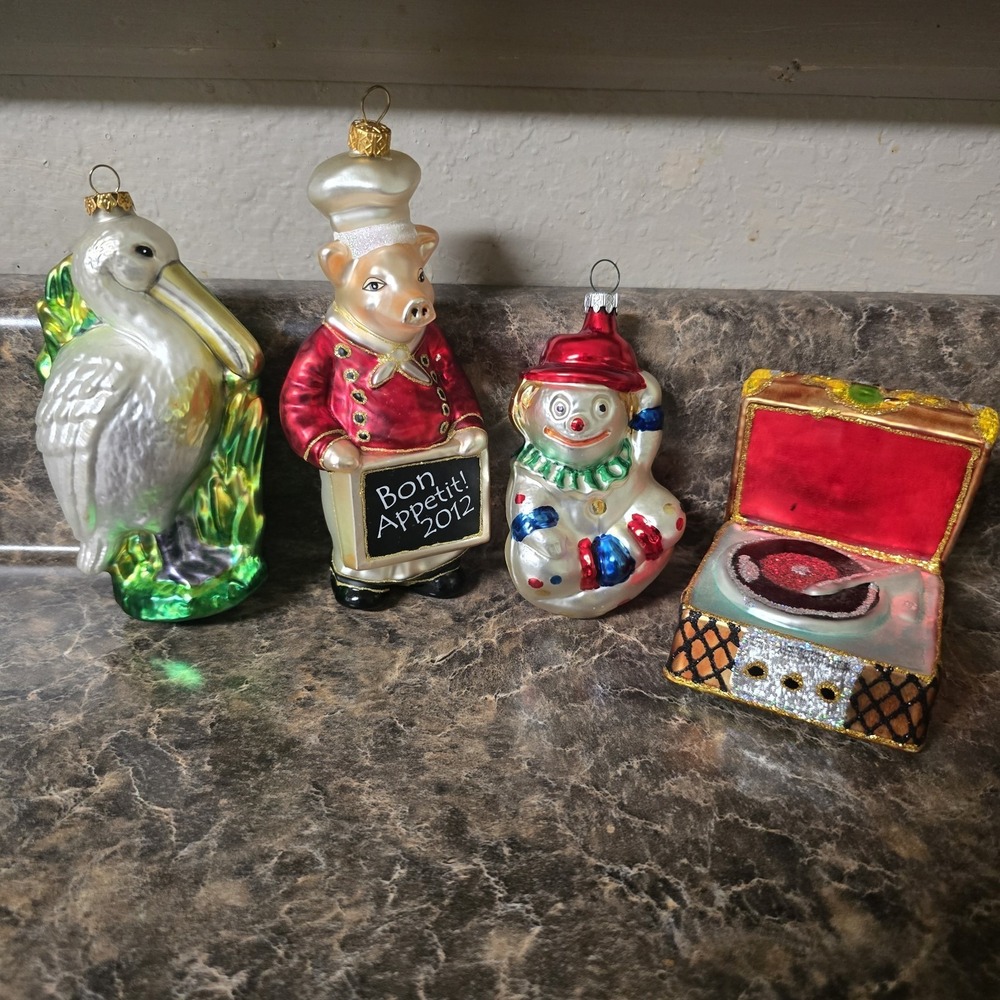 Vintage Glass Christmas Ornament Lot Pelican Chef Pig Bon Appetit Snowman Record
